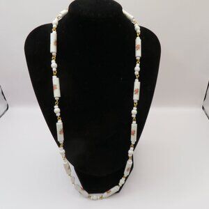 Vintage White Tube Bead Necklace with Pink Roses